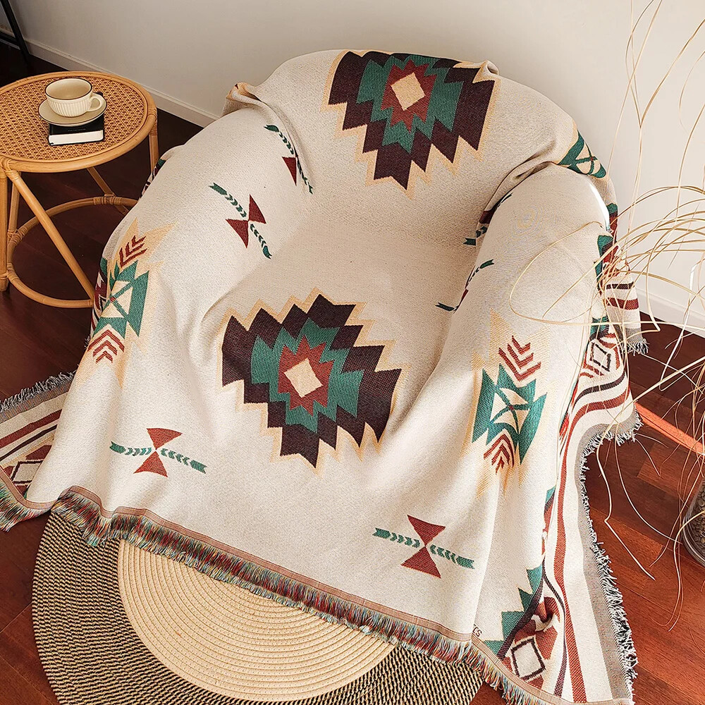 Boho Throw Blanket Fringe - Cobertor boêmio asteca de grandes dimensões